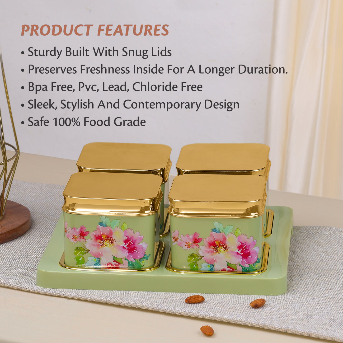 SELVEL Floret Serving Set - 4-Piece Airtight Dry Fruit Container Tray Set (500ml Each) with Lid & Serving Tray