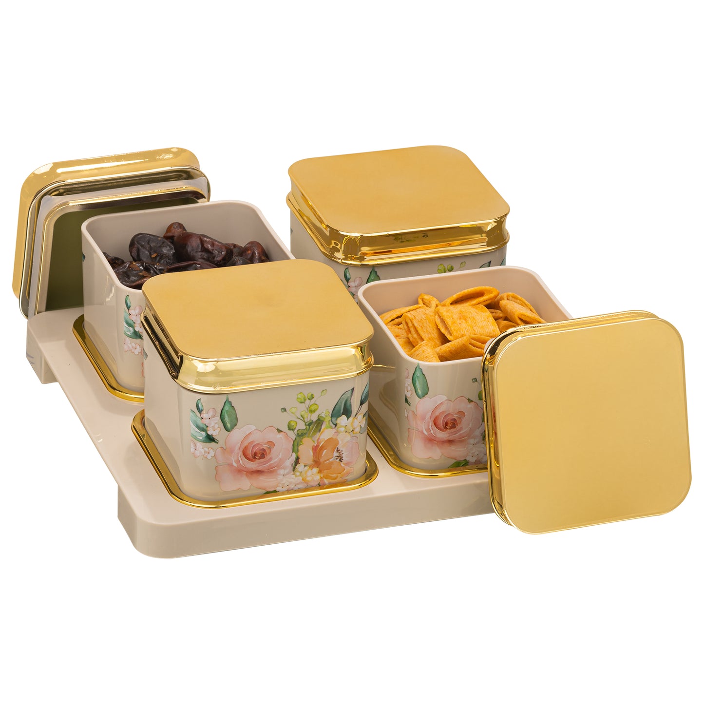 SELVEL Floret Serving Set - 4-Piece Airtight Dry Fruit Container Tray Set (500ml Each) with Lid & Serving Tray