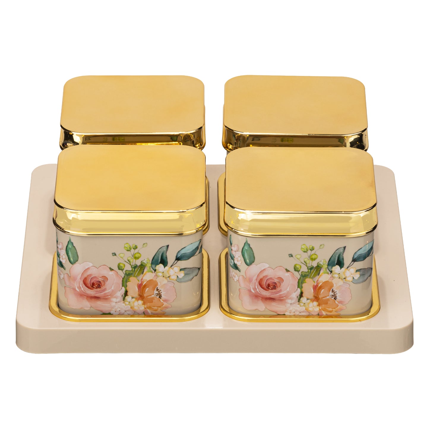 SELVEL Floret Serving Set - 4-Piece Airtight Dry Fruit Container Tray Set (500ml Each) with Lid & Serving Tray