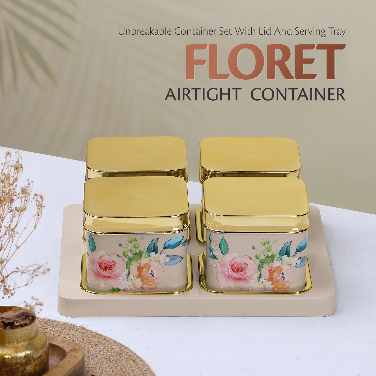 SELVEL Floret Serving Set - 4-Piece Airtight Dry Fruit Container Tray Set (500ml Each) with Lid & Serving Tray