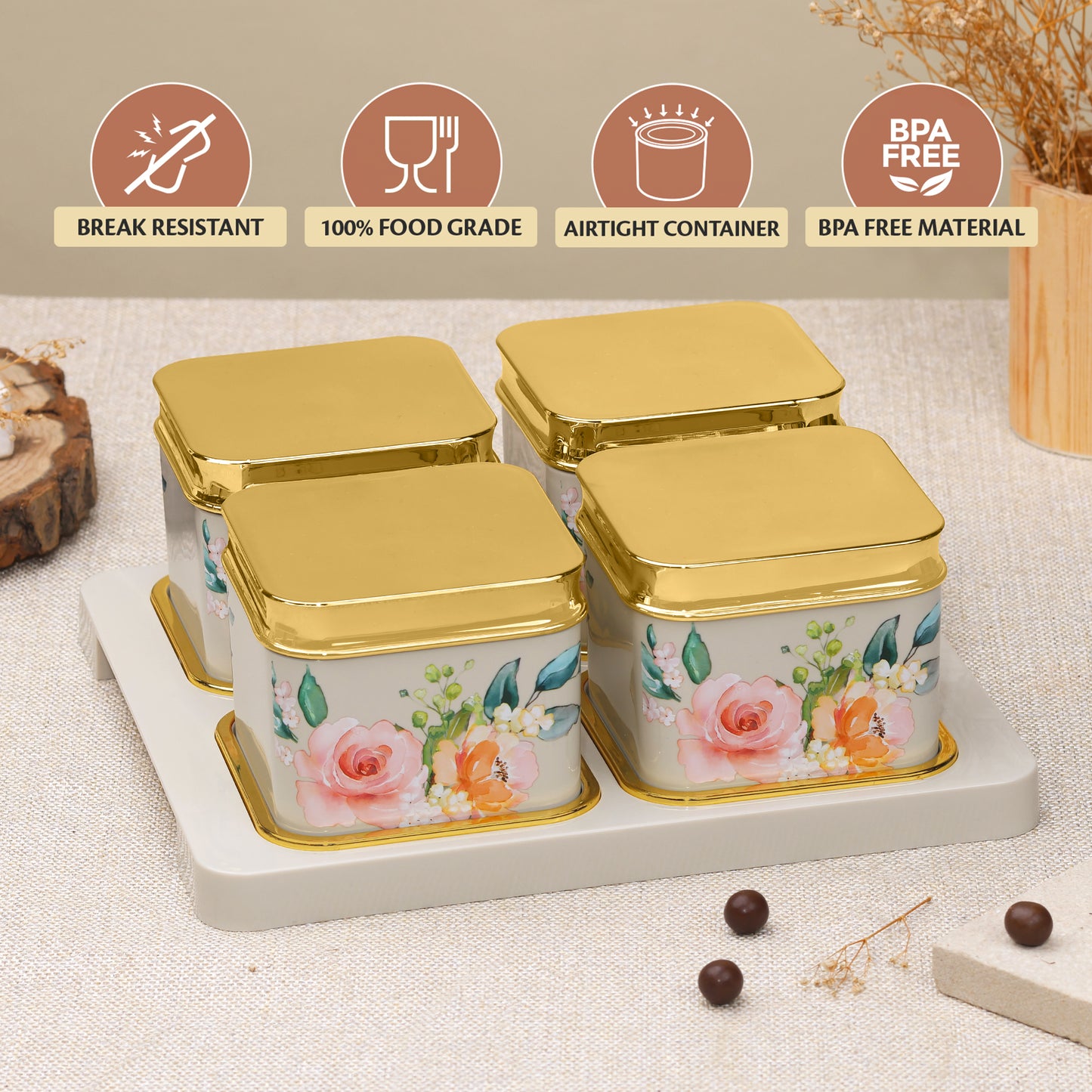 SELVEL Floret Serving Set - 4-Piece Airtight Dry Fruit Container Tray Set (500ml Each) with Lid & Serving Tray