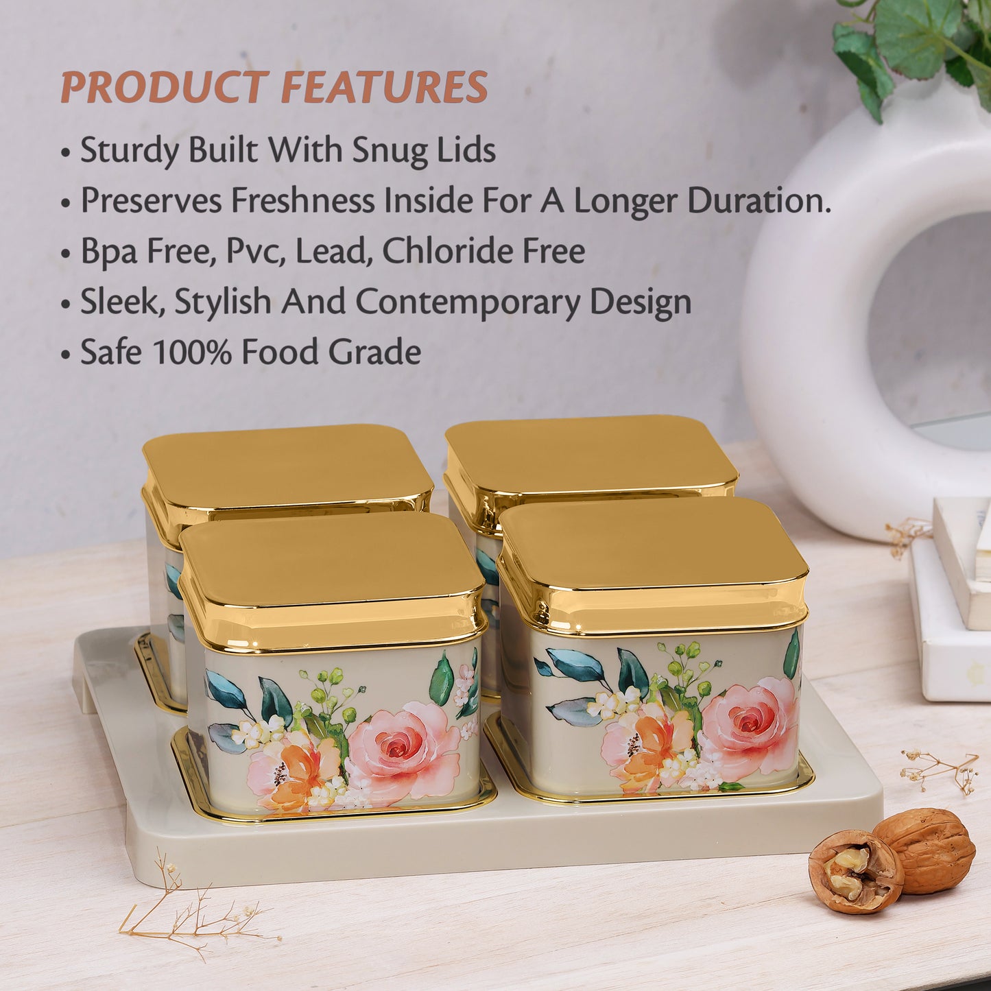 SELVEL Floret Serving Set - 4-Piece Airtight Dry Fruit Container Tray Set (500ml Each) with Lid & Serving Tray