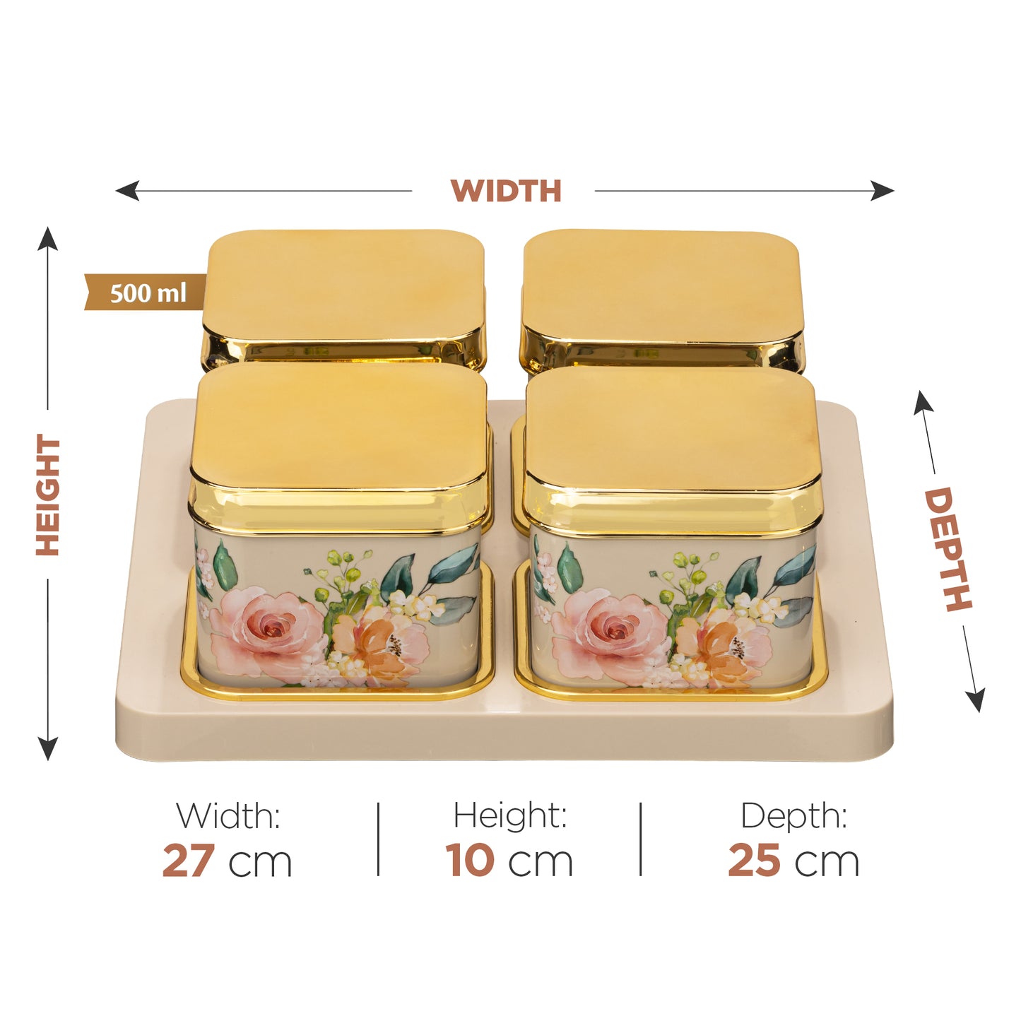 SELVEL Floret Serving Set - 4-Piece Airtight Dry Fruit Container Tray Set (500ml Each) with Lid & Serving Tray