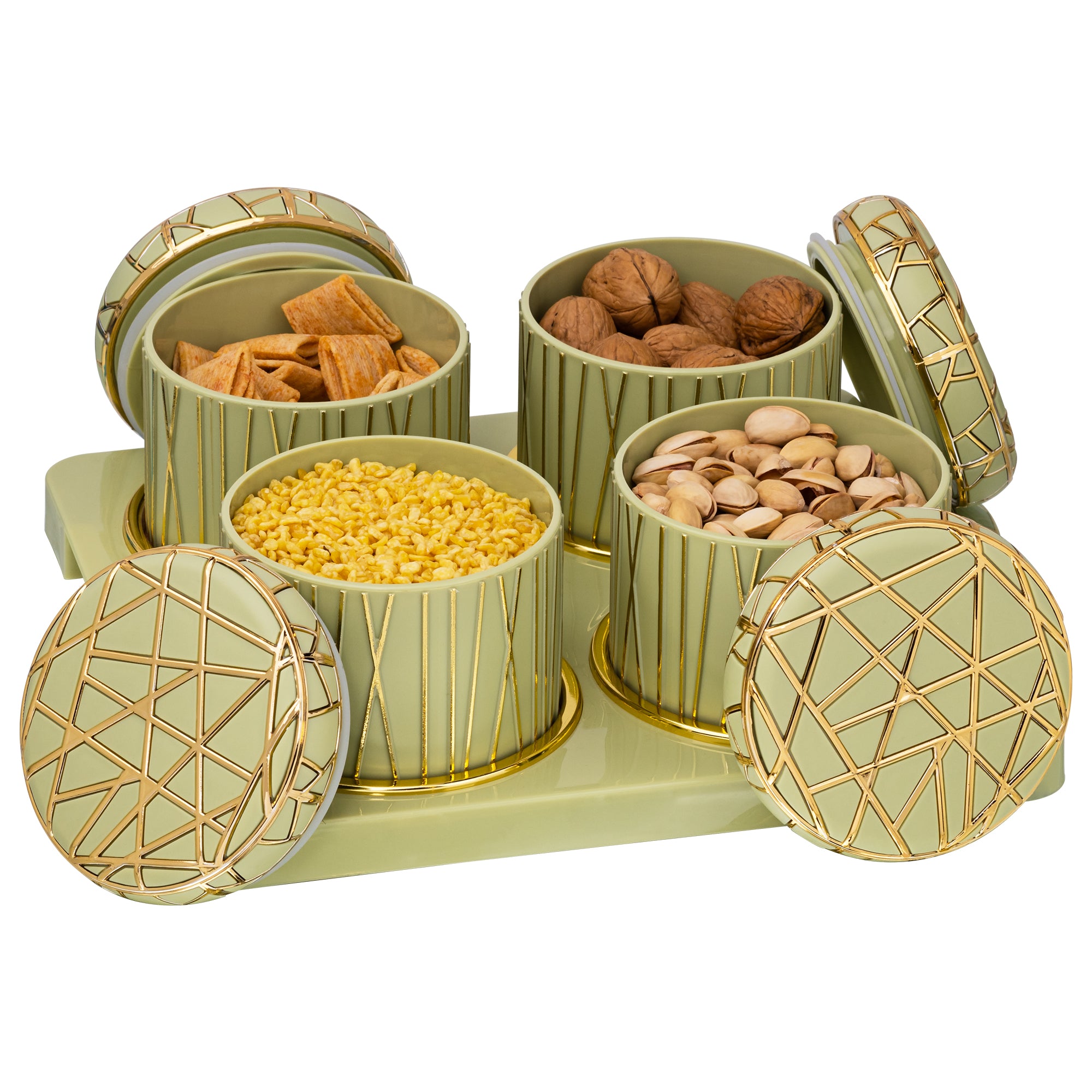 SELVEL Royal Linex Airtight Dry Fruit Container Tray Set 4 Pieces 450ml Lime Green Polypropylene with Luxurious Gold Foil Embellishments