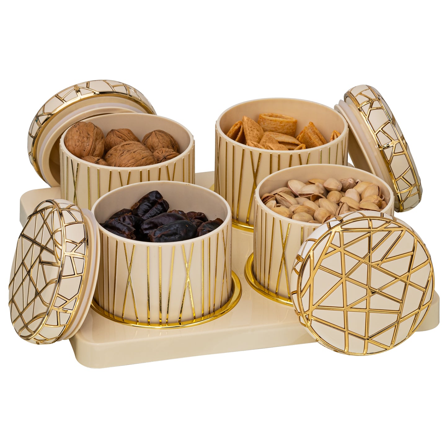 SELVEL Royal Linex Airtight Dry Fruit Container Tray Set - 4 Pieces (450ml), Ivory Polypropylene with Luxurious Gold Foil Embellishments