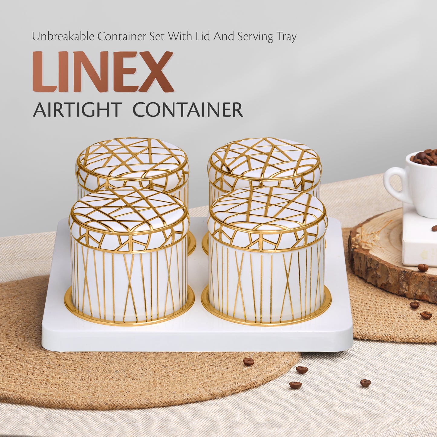 SELVEL Royal Linex Airtight Dry Fruit Container Tray Set - 4 Pieces (450ml), White Polypropylene with Luxurious Gold Foil Embellishments