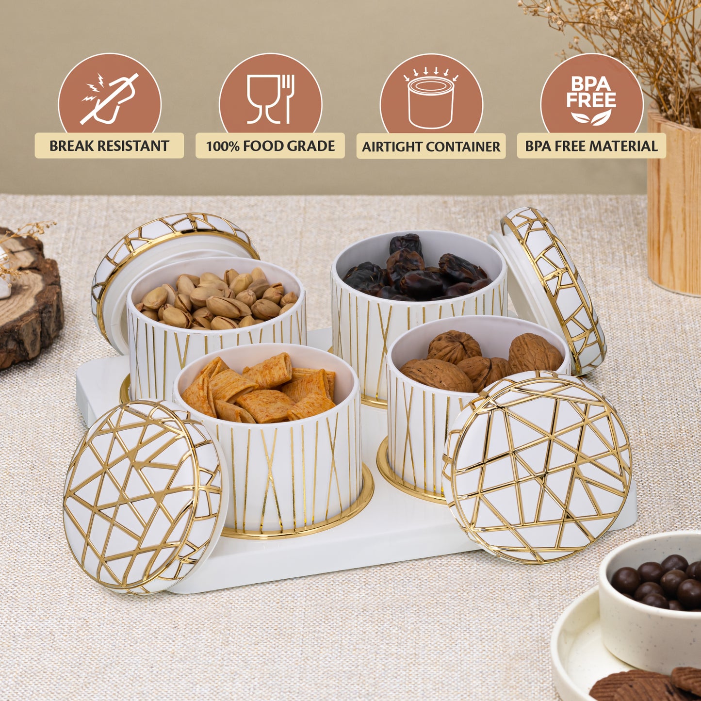 SELVEL Royal Linex Airtight Dry Fruit Container Tray Set - 4 Pieces (450ml), White Polypropylene with Luxurious Gold Foil Embellishments