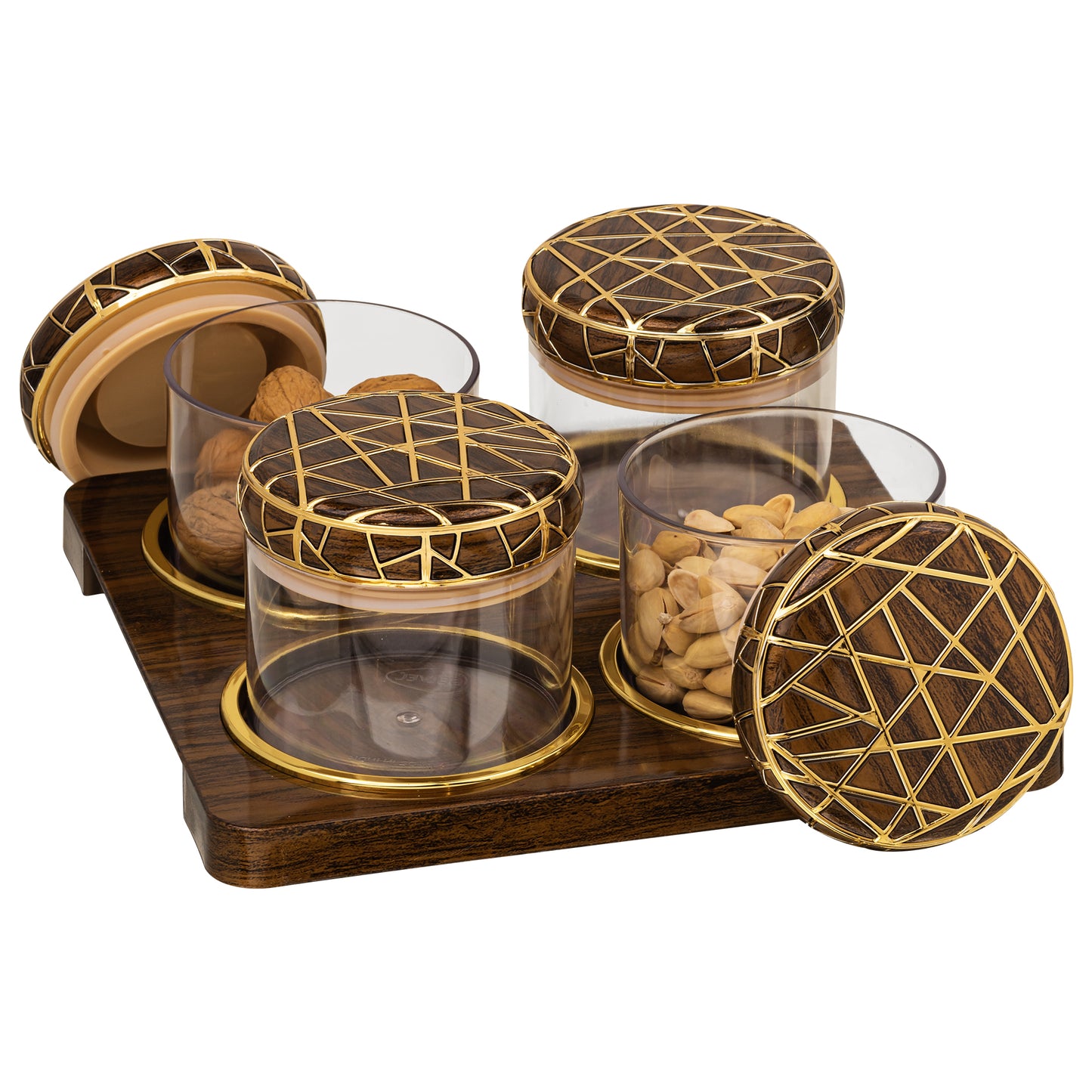 SELVEL Rosewood Airtight Dry Fruit Container Tray Set - 4 Pieces (450ml), Dark Wood Polypropylene with Luxurious Gold Foil Embellishments