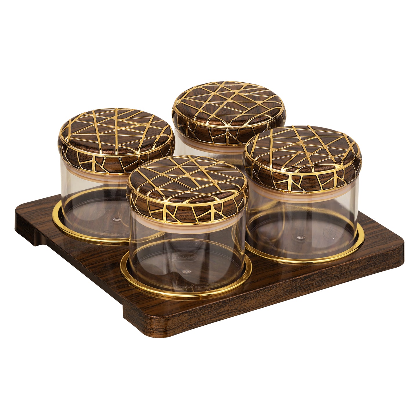 SELVEL Rosewood Airtight Dry Fruit Container Tray Set - 4 Pieces (450ml), Dark Wood Polypropylene with Luxurious Gold Foil Embellishments