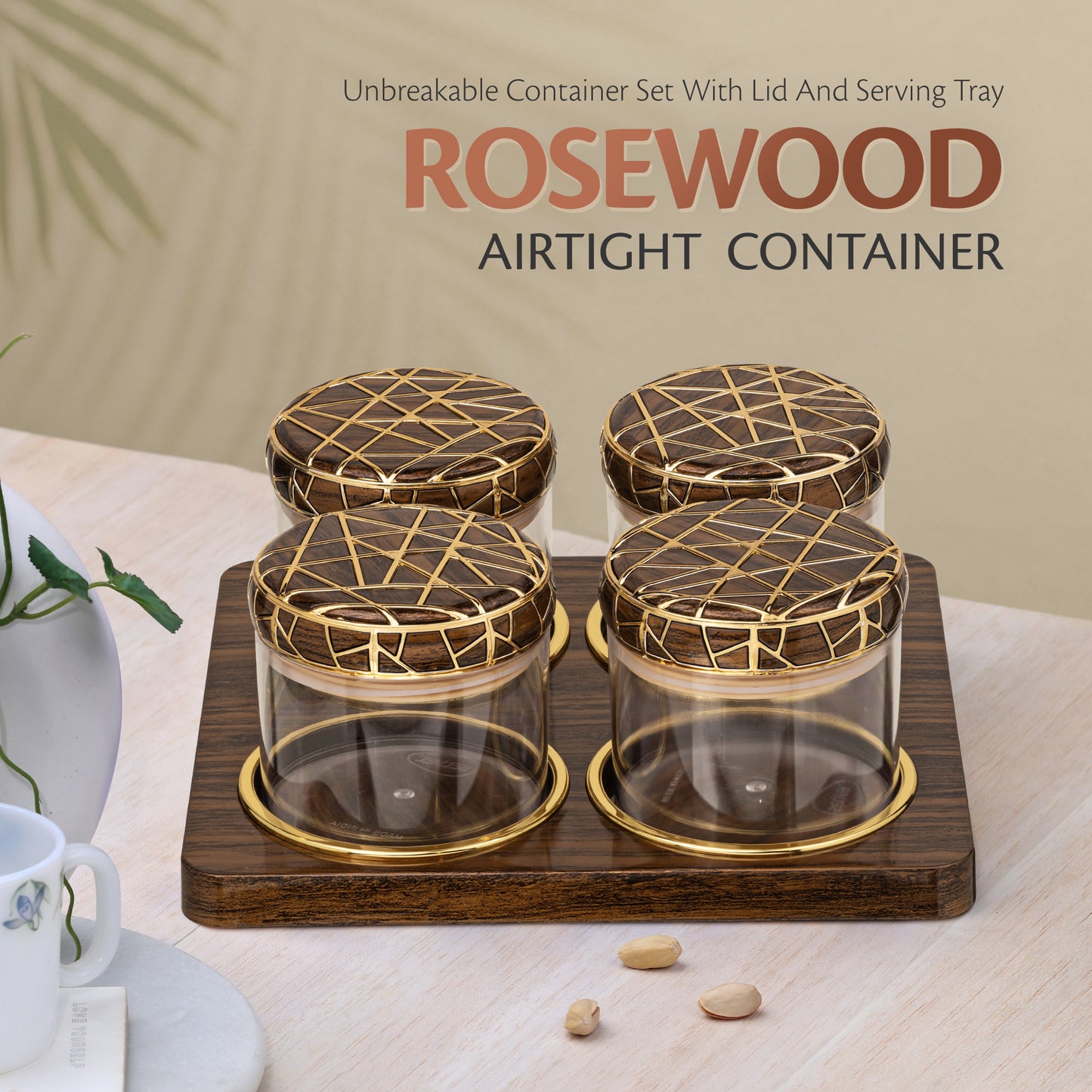 SELVEL Rosewood Airtight Dry Fruit Container Tray Set - 4 Pieces (450ml), Dark Wood Polypropylene with Luxurious Gold Foil Embellishments