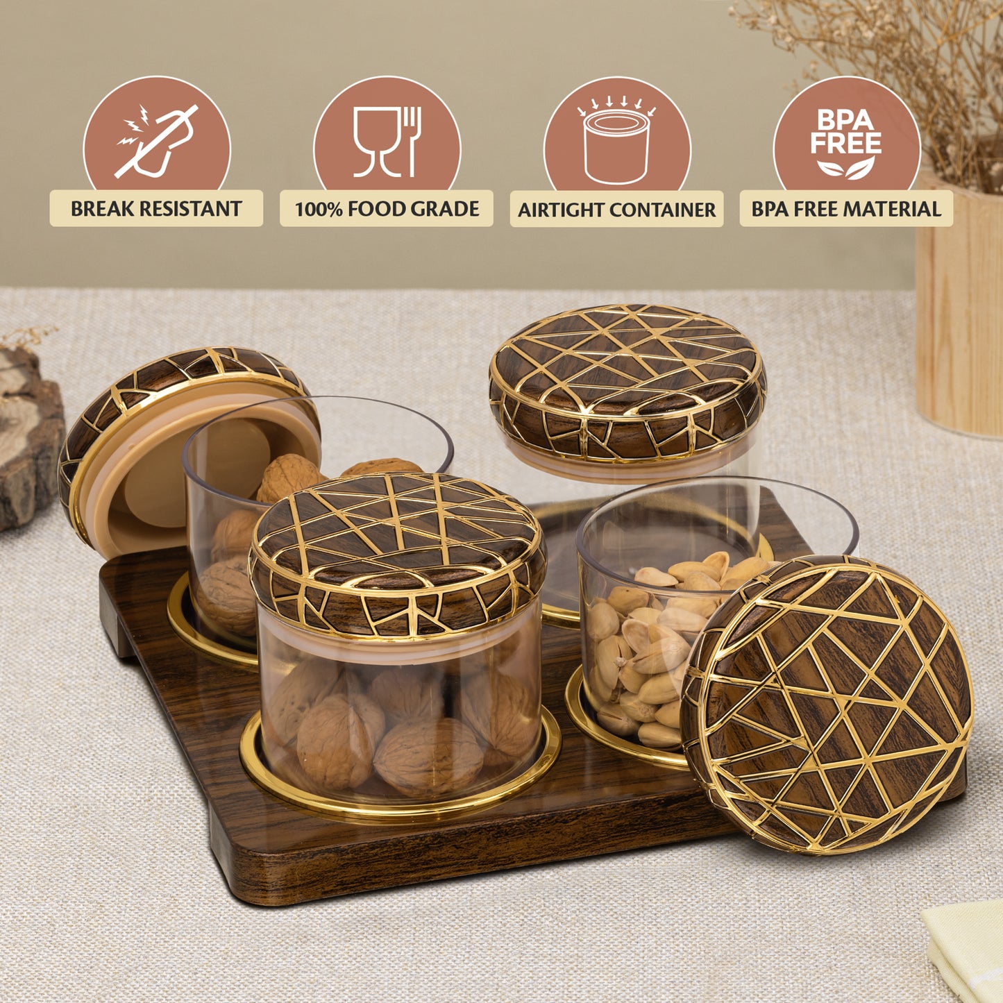 SELVEL Rosewood Airtight Dry Fruit Container Tray Set - 4 Pieces (450ml), Dark Wood Polypropylene with Luxurious Gold Foil Embellishments
