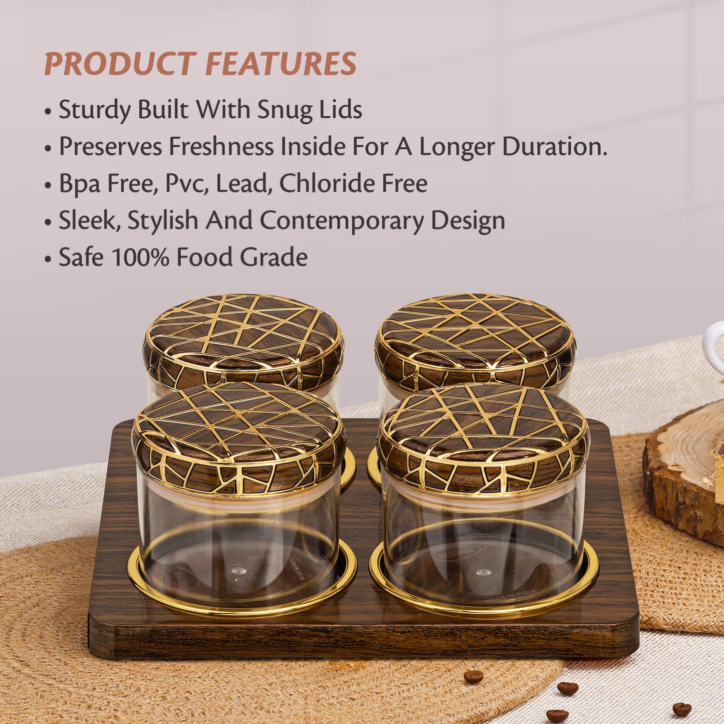 SELVEL Rosewood Airtight Dry Fruit Container Tray Set - 4 Pieces (450ml), Dark Wood Polypropylene with Luxurious Gold Foil Embellishments