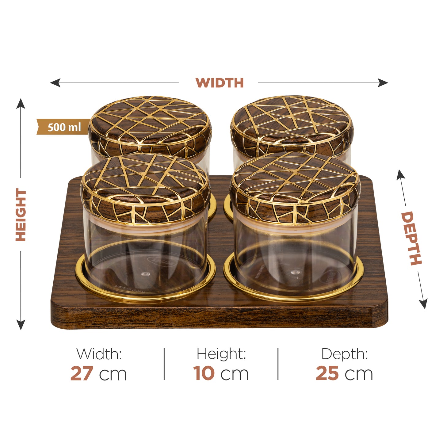 SELVEL Rosewood Airtight Dry Fruit Container Tray Set - 4 Pieces (450ml), Dark Wood Polypropylene with Luxurious Gold Foil Embellishments