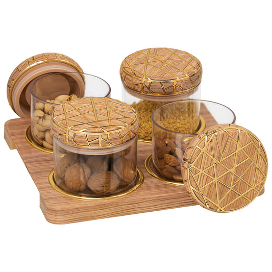 SELVEL Rosewood Airtight Dry Fruit Container Tray Set - 4 Pieces (450ml), Light Wood Polypropylene with Luxurious Gold Foil Embellishments