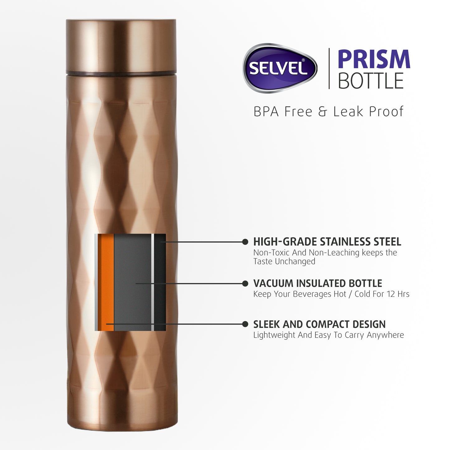 Selvel Prism Double Walled Vacuum Insulated Stainless Steel Flask (500 ML - Gold)