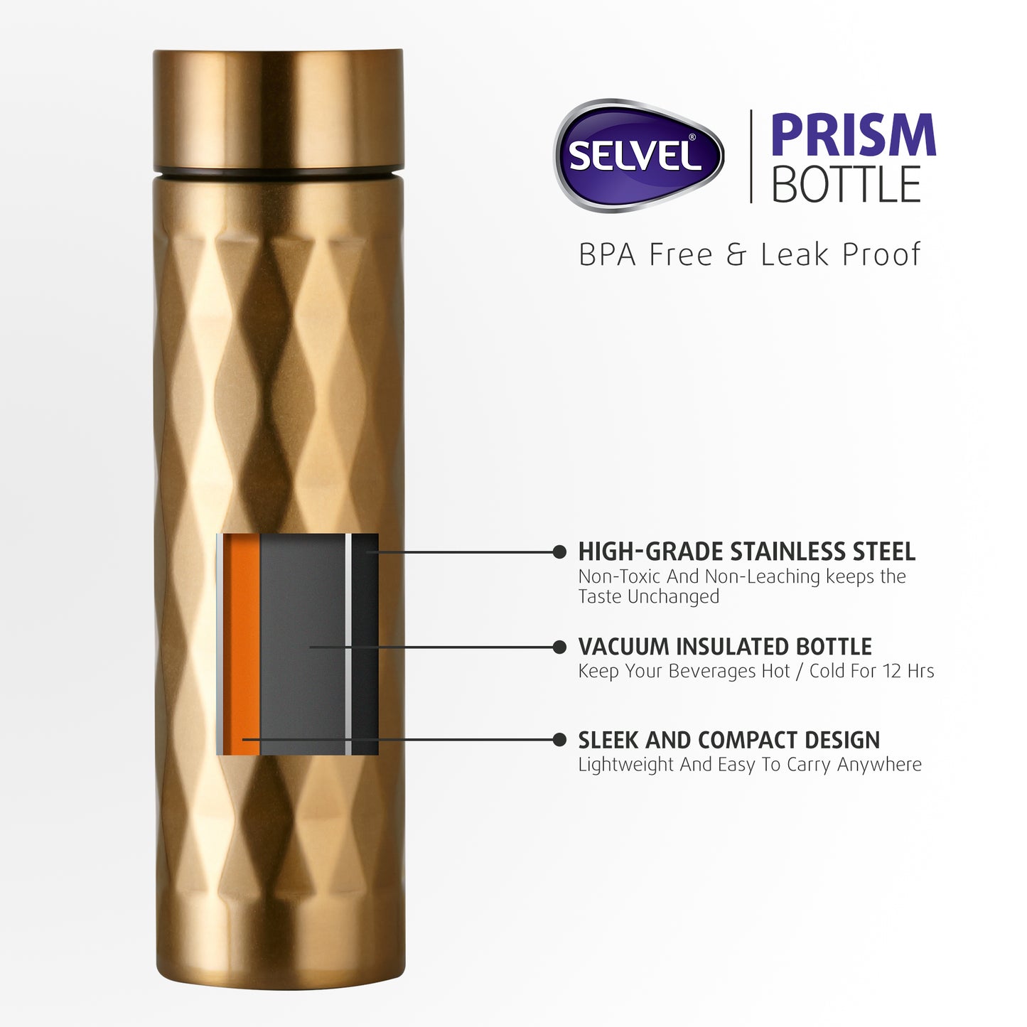 Selvel Prism Thermos Flask Vacuum Insulated Bottle (500 Ml - Gold)